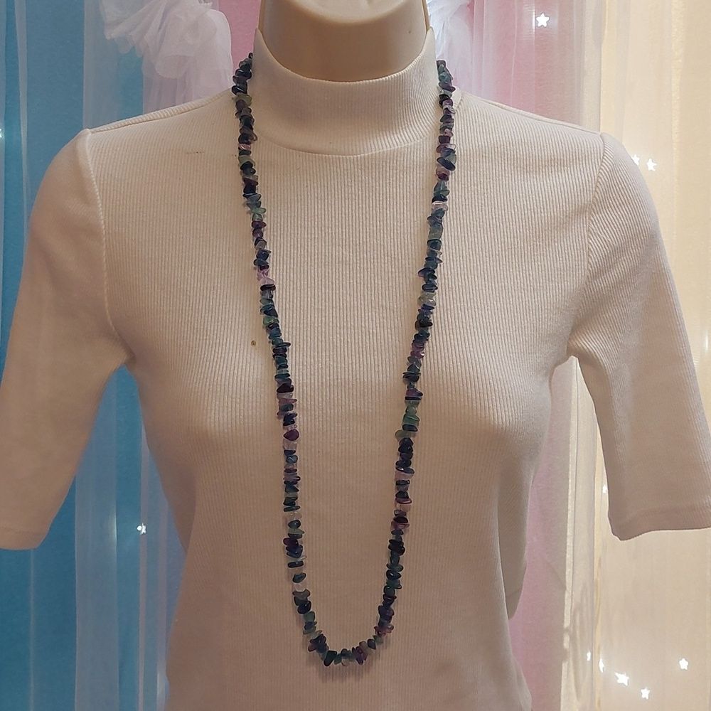 Semi Precious Rainbow Flourite Chipped Beads Extra Long Strand Necklace